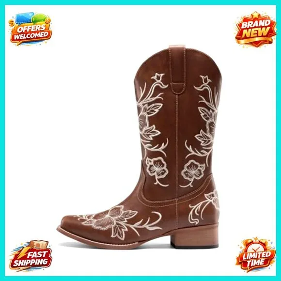 Western Cowboy Boots Square Toe Embroidered Mid Calf Chunky Low Heel